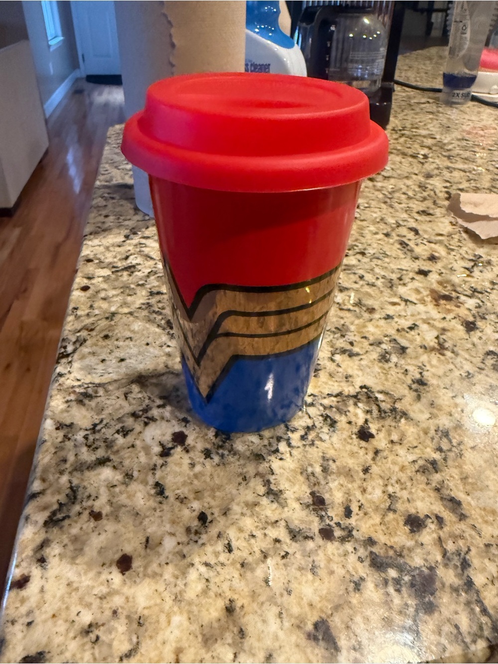 Reusable Red and Blue Travel Mug with Gold Accent